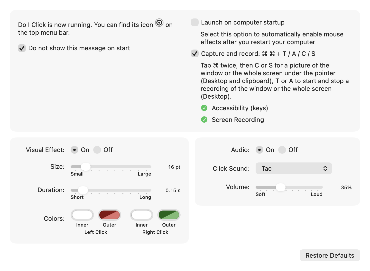 Do I Click preferences: visual effect, size and duration sliders, colors, click sound, and the Capture and record option